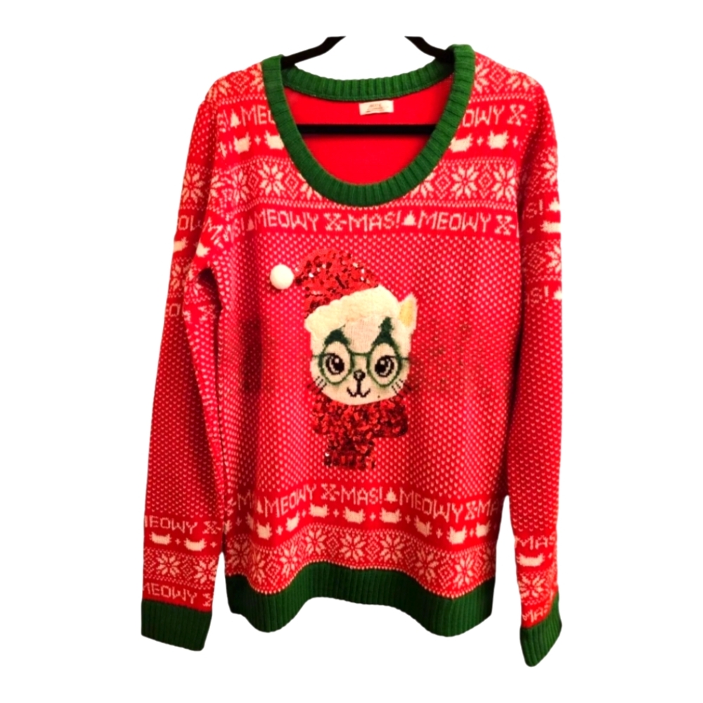 Holiday Christmas Sweater "Meowy X-Mas!" Kitty w/ Red Sequence & Fluff